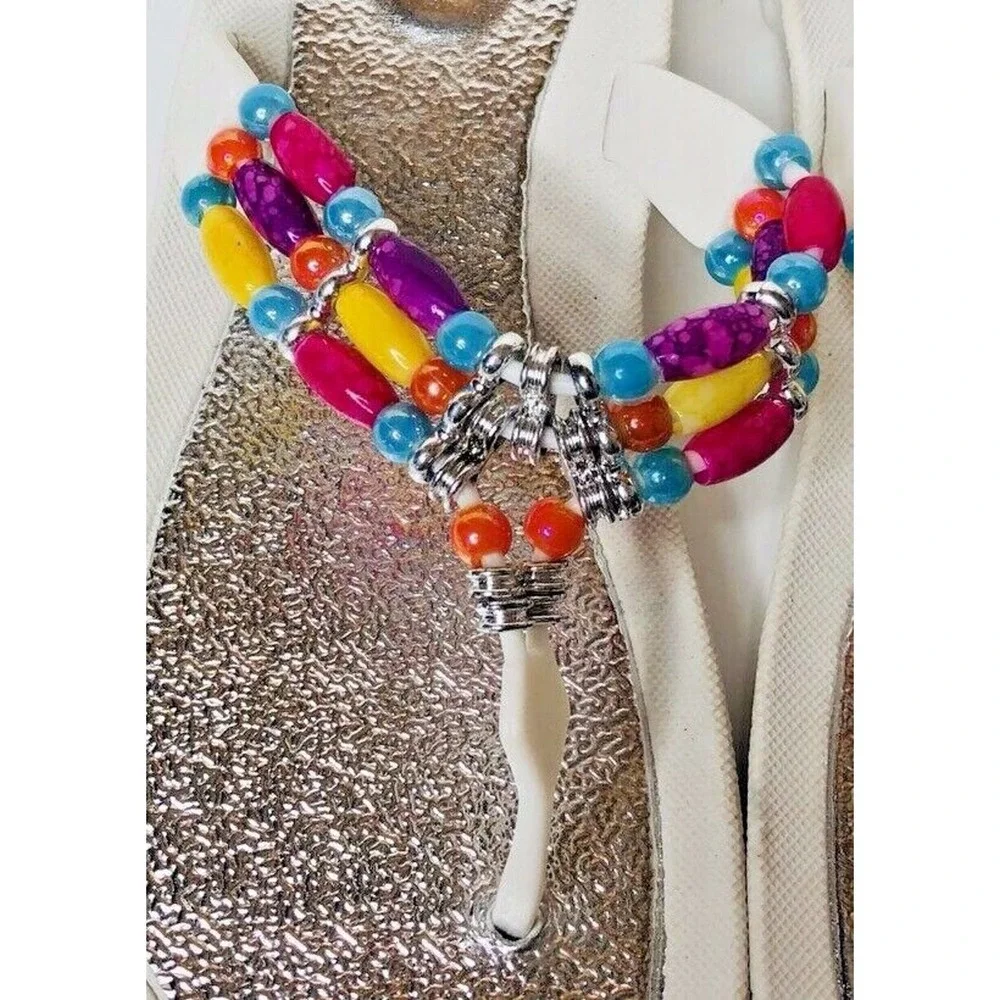 Womens White Rubber Colorful Beaded Thong Waterproof Flip‎ Flop Sandals L 10/11